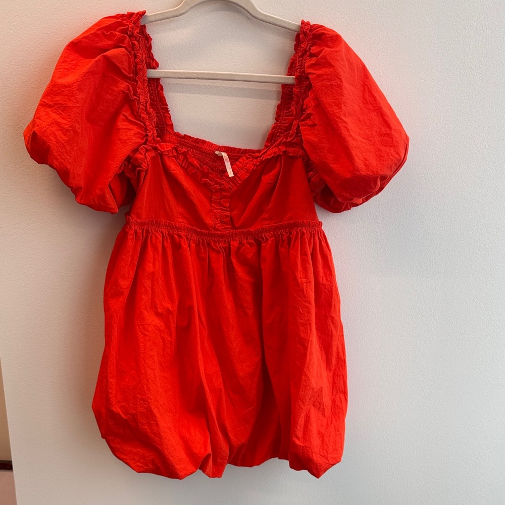Free People Midi Bubble Vibrant Orange Puff Sleeve Dress Size S